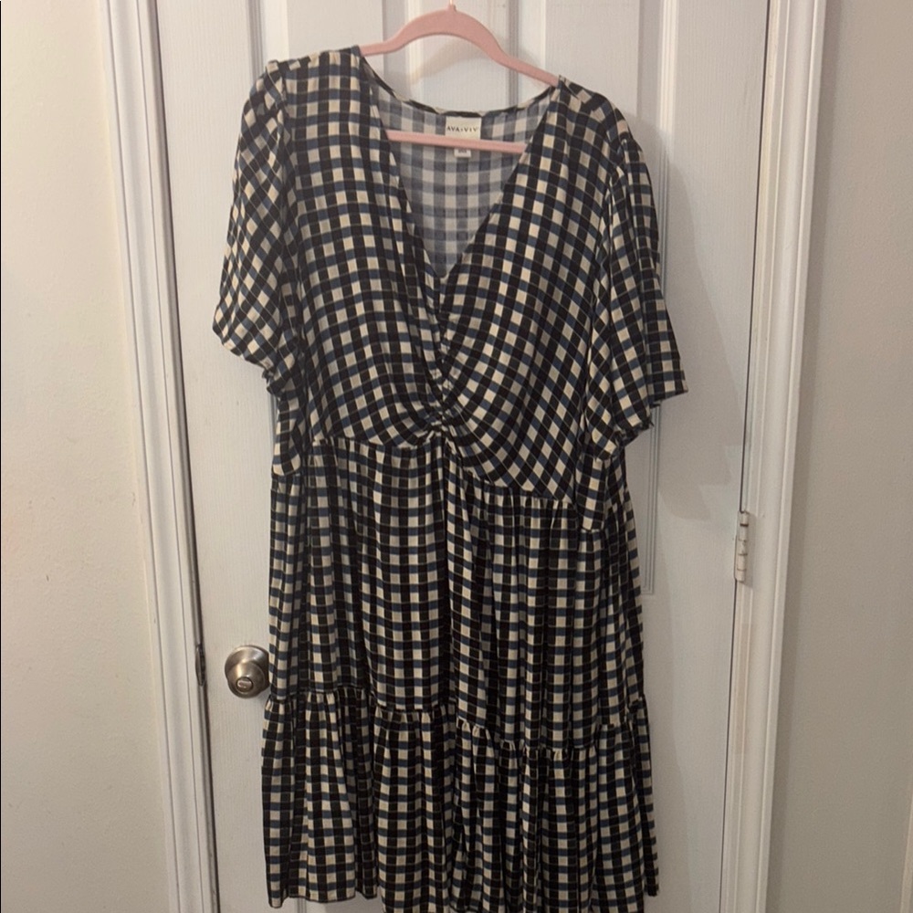 Ava & Viv Blue and Cream Wrap Tiered Midi Dress